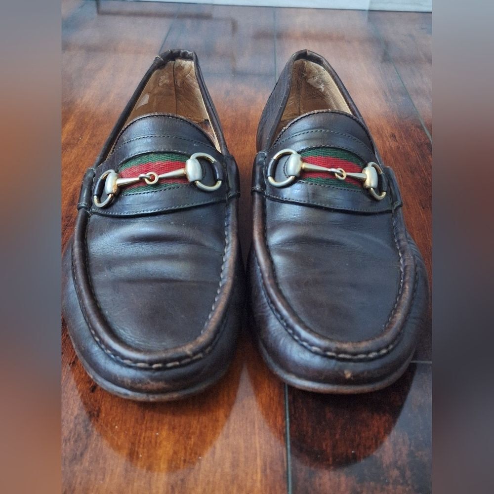 Gucci 80s Men’s Brown Leather 1953 Gold Horsebit Loafers Green Red Web 42 USA 9 - Picture 11 of 12